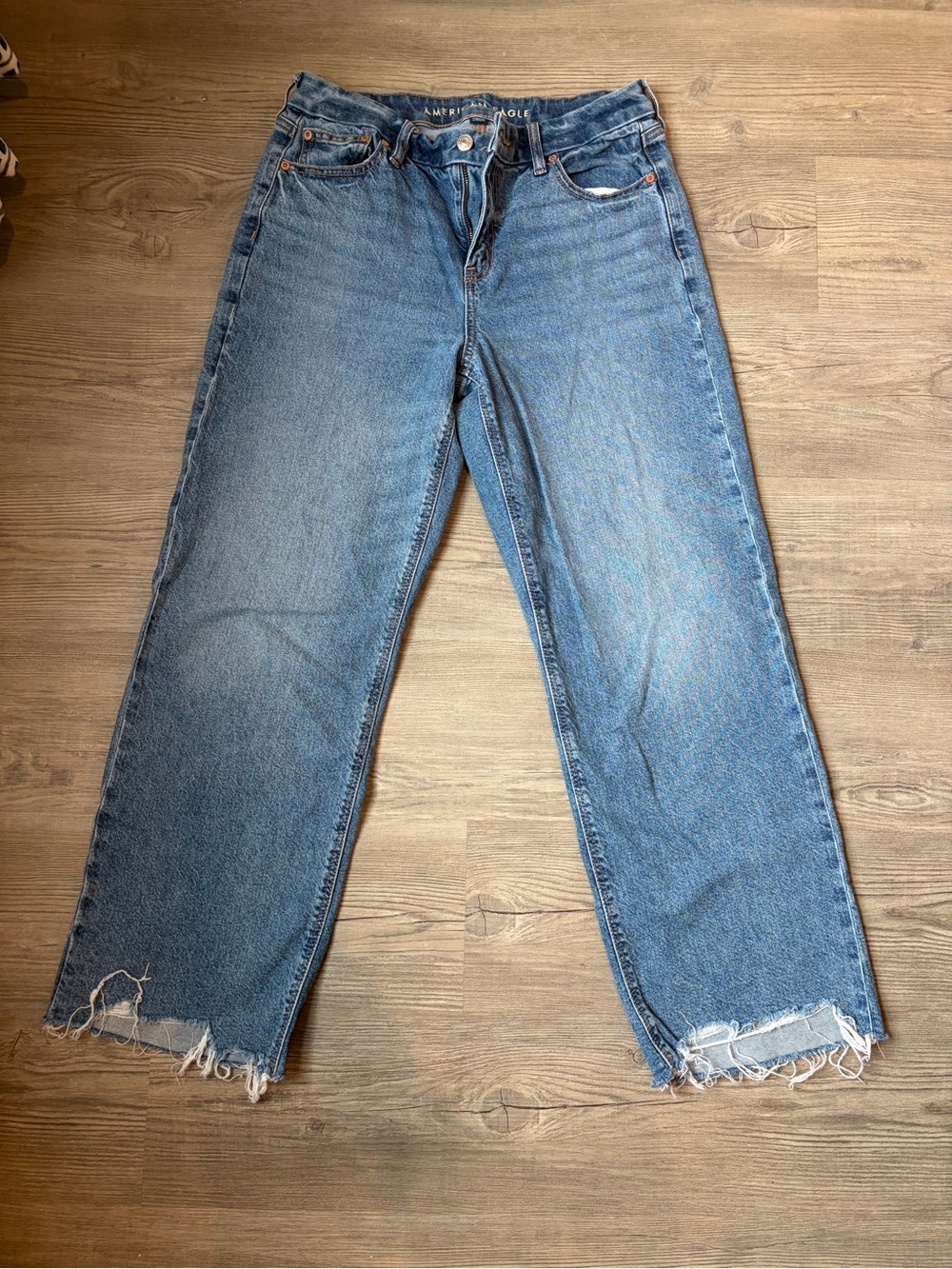 American Eagle Outfitters Medium Blue High-Rise Straight Leg Jeans with Raw Hem